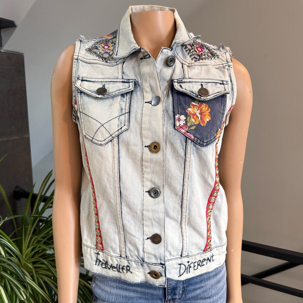 Desigual Exotic Jeans Chal Aloha Embroidered Denim Vest Boho Women’s Size 40